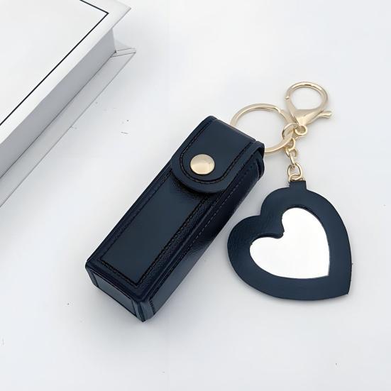 Keychain Lipstick Bag Love Mirror Protective Faux Leather Case Portable Keyring