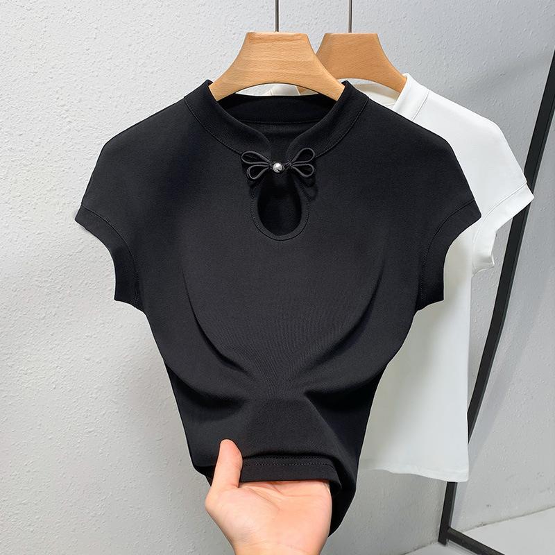 Stand-up Collar Short-sleeved T-shirt for Women's Summer New Women's Solid-color Sleeved Cotton T-shirt New Chinese Style Buttoned Top