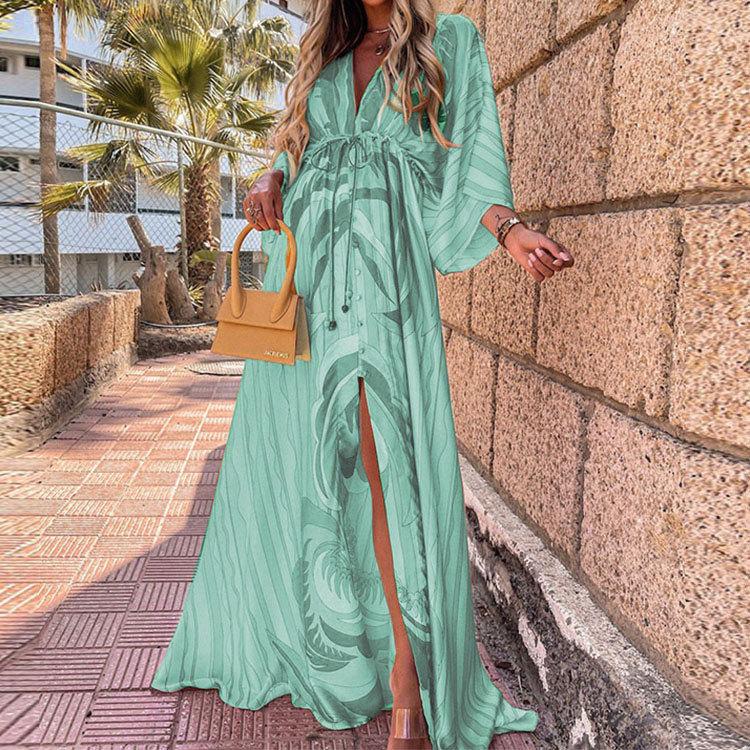 Spring Women's InsV-neck Printed Lace-up Long Dress