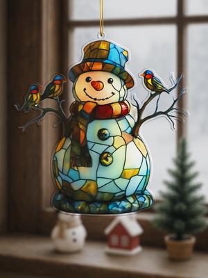 Snowman Window Hanging Ornament, Colorful Snowman with Hat, Scarf & Bird Design, Acrylic Festive Decor for Home & Christmas Gift