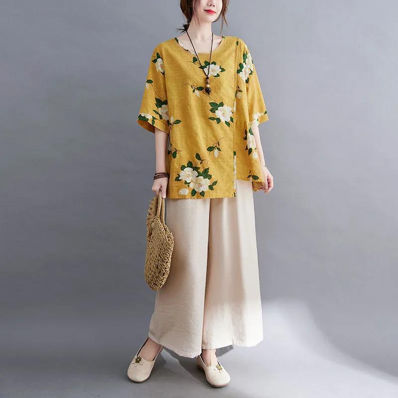 Calças Terno Feminino Algodão Linho Casual Slim Manga Curta Top Calças Confortáveis Conjunto de Duas Peças