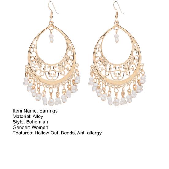 Yousheng 1 Pair Women Hook Earrings Vintage Ethnic Style Exaggerated Hollow Out Beads Waterdrop Shape Bohemian Ear Decoration Jewelry Vacation