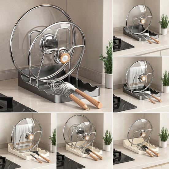 Support de couvercle de casserole pour plan de travail Étagère de rangement pour couvercles de poêle avec plateau d'égouttement Support de couvercle de casserole avec repose-cuillère pendant la cuisson Organisateur de cuisine