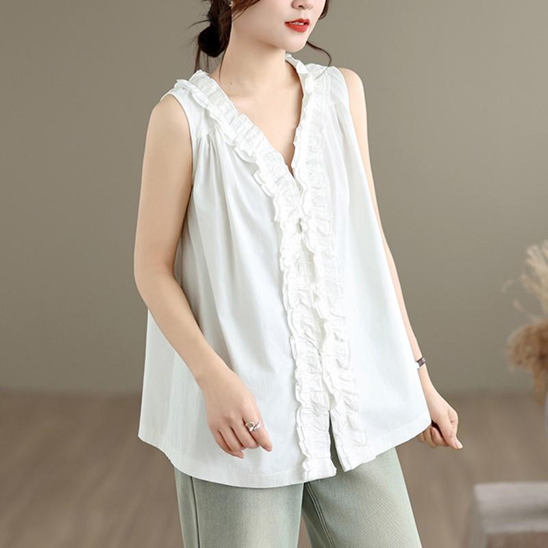 Ärmellose übergroße Vintage-Bluse Lässige lockere Sommeroberteile Damen Hemd mit Knöpfen