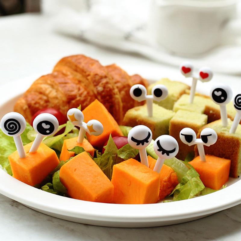 10Pcs wiederverwendbare Auge Mini Obst Gabel Zeichen Cartoon Kinder Essen Picks Wüste Zahnstocher