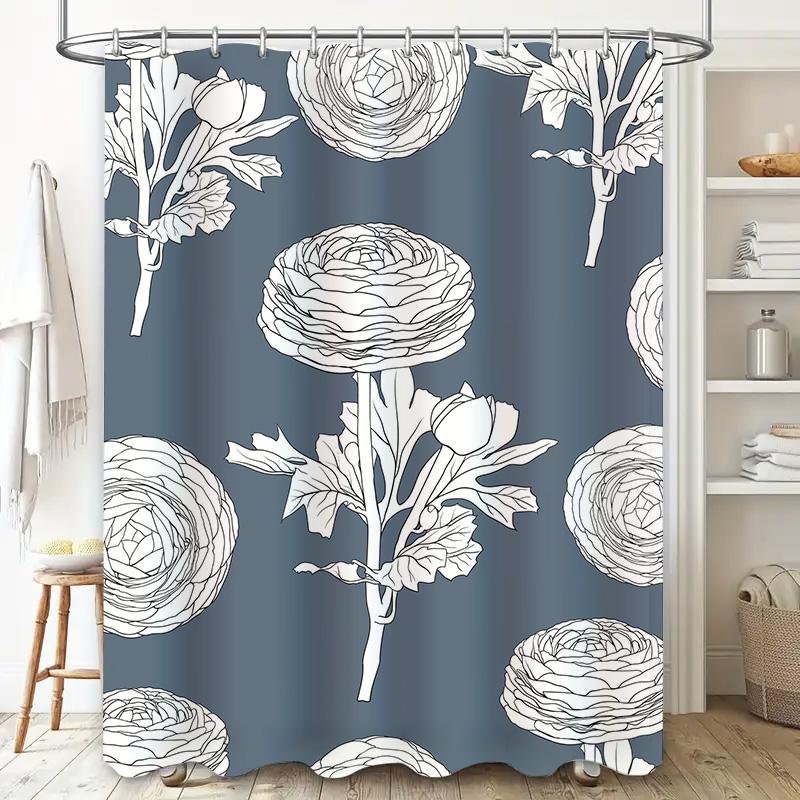 White Floral Shower Curtain Blue Grey Bath Decor Home Improvement Waterproof Customizable Bathroom Accessories White Rose Print