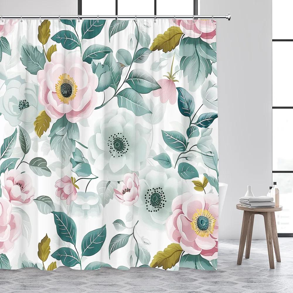 Hummingbird Shower Curtain Spring Flower Watercolor Farm Plant Green Leaf Butterfly Cute Cat Polyester Fabric Bathroom Decor Set