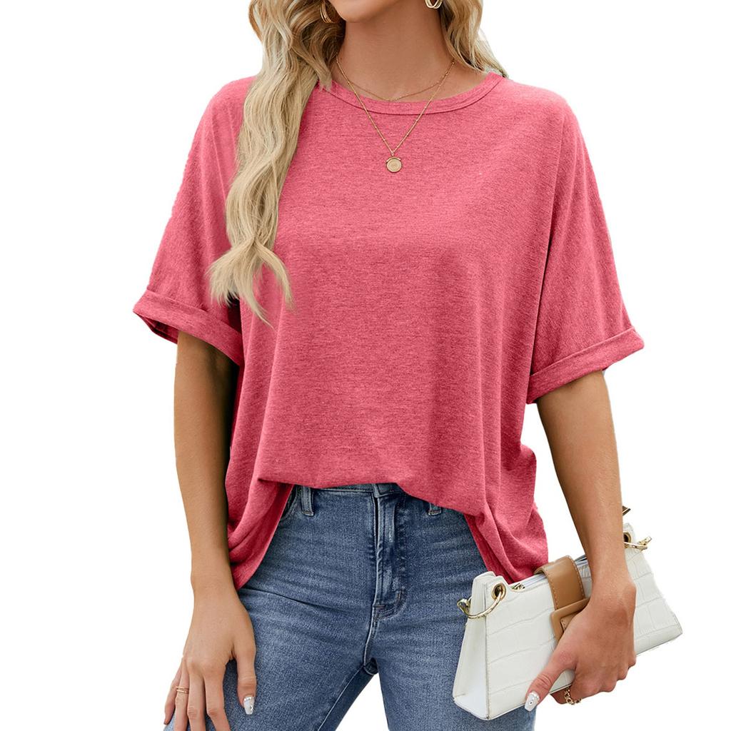 Women's Summer Solid Color Round Neck Large Size Loose Short Sleeve T-Shirt Solid Color Tops