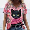 Summer V-neck 3D Cat Printed Top Fashionable Casual Short Sleeved Women's T-shirts