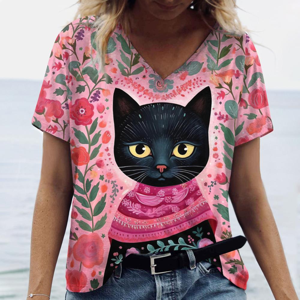 Summer V-neck 3D Cat Printed Top Fashionable Casual Short Sleeved Women's T-shirts
