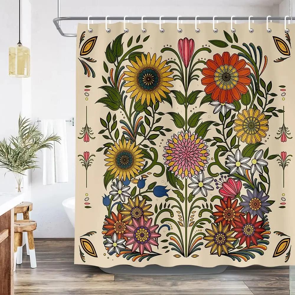 Vintage Garden Art Floral Shower Curtain, Heavy Weight Fabric, Washable Bath Curtains for Bathroom