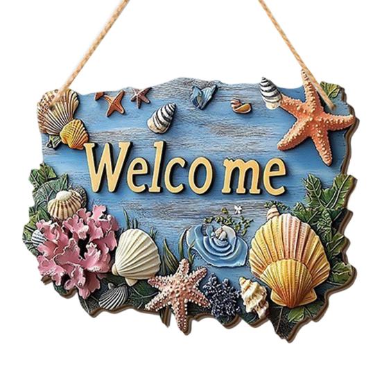 Indoor Outdoor Hanging Plaque Summer Coastal Wooden Wreath, Ocean Welcome Sign, Starfish Shell Nautical Handmade Sign Front Door Hanger for