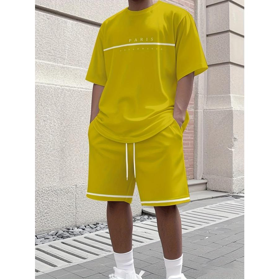 Conjunto de Camiseta de Color Sólido y Pantalones Cortos de Verano Top de Manga Corta con Estampado de Letras y Pantalones Cortos con Cordón Streetwear Moda para Hombre Ropa Deportiva