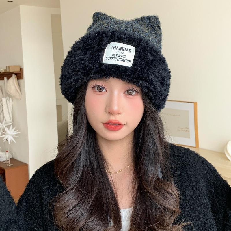 Fashionable and Versatile Patch Plush Knitted Hat Korean Casual Windproof Warm Hat Big Head Surround Women's Hat