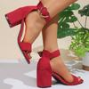 Fashion Red High Heels Dress Sandals for Women Summer Square Toe Thick Heeled Sandals Woman Heart Buckle Ankle Strap Party Shoes