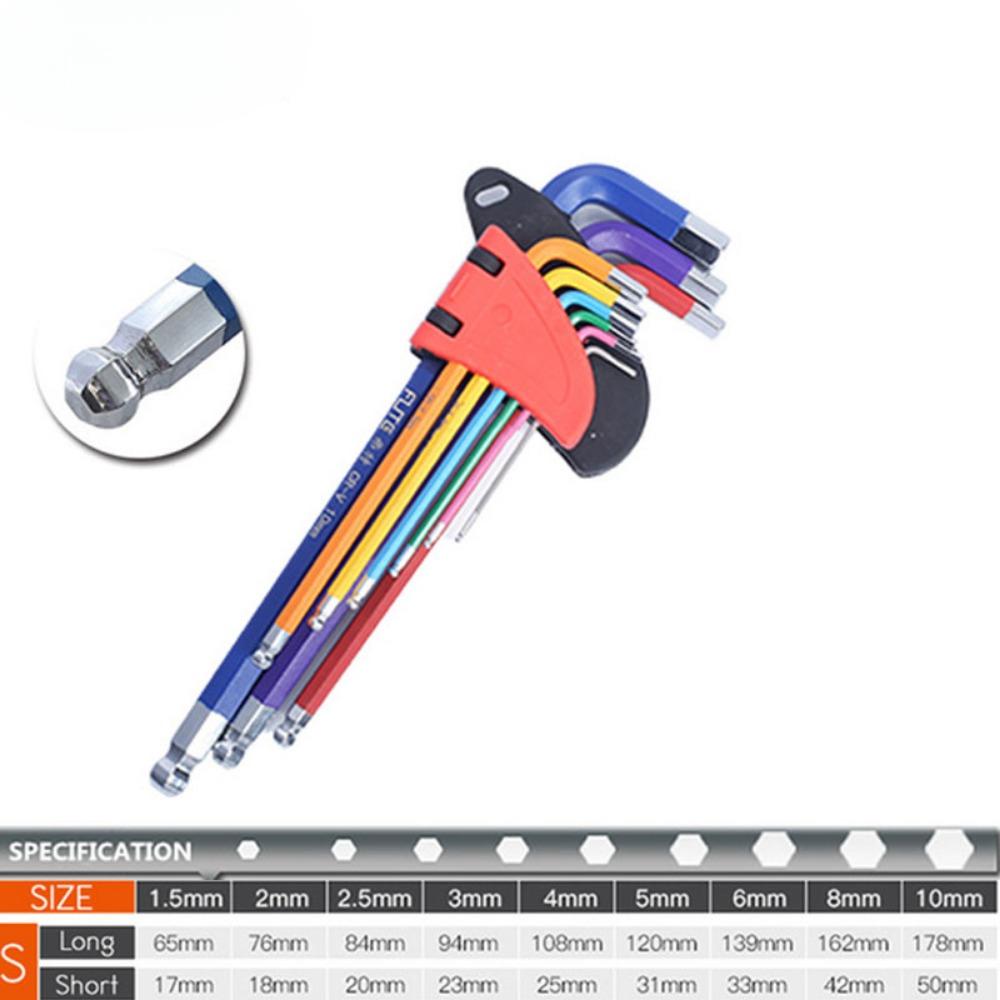1 set inbussleutelset L-sleutelset voor inbusschroef 9PCS lange arm inbussleutelset 1,5 mm tot 10 mm inbussleutel handgereedschap voor fietsreparatie