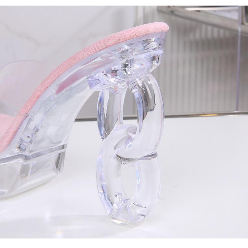 New 12CM Fashion Wedding Sexy Car Model Transparent Nightclub Crystal Square Head Non-slip Slippers