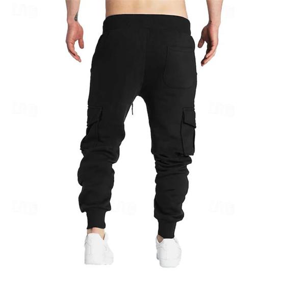 Men Cargo Pants Mid-rise Adjustable Waist Drawstring Casual Trousers with Reinforced Pockets Versatile Casual Wear