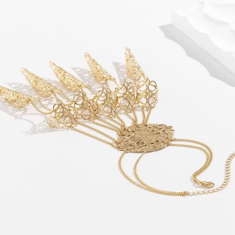 1 Pcs Ancient Queen Bracelet with Finger Nails Tip Claw Belly Dance Hand Chain Indian Dainty Costume Jewelry for Women and Girls(Gold)