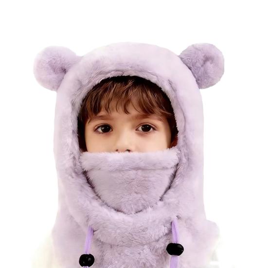 Kids Ski Hat Solid Color Bear Ear Decor 3-in-1 Face Guard Scarf Headgear Cold Weather Windproof Fleece Headgear with Adjustable Cords