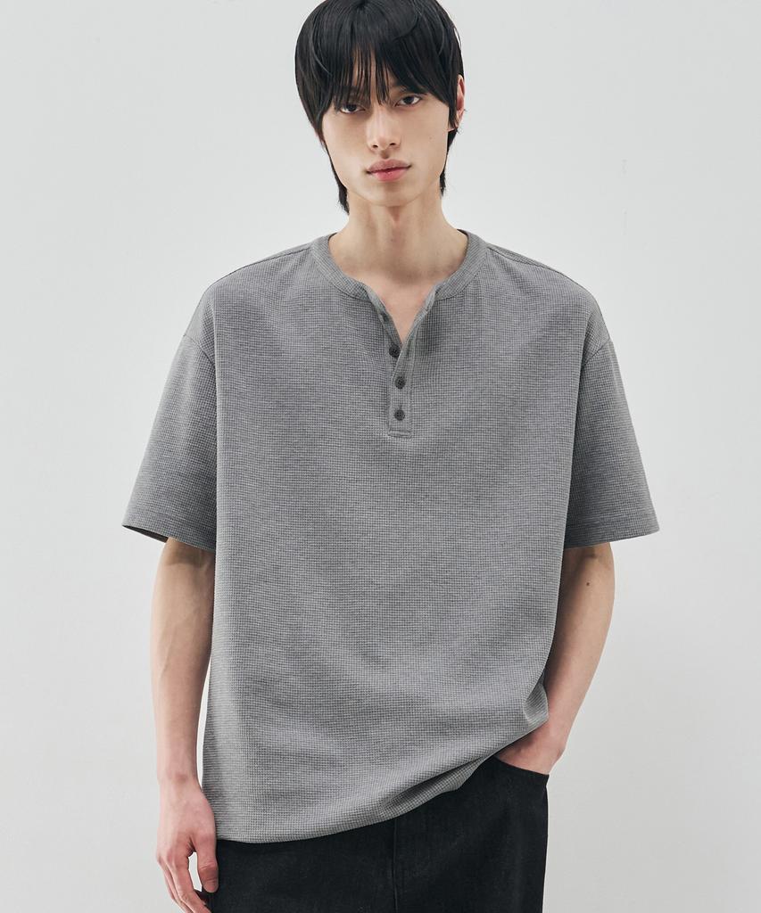 DRAW FIT Waffle Henley Neck Half T-Shirt [Melange]