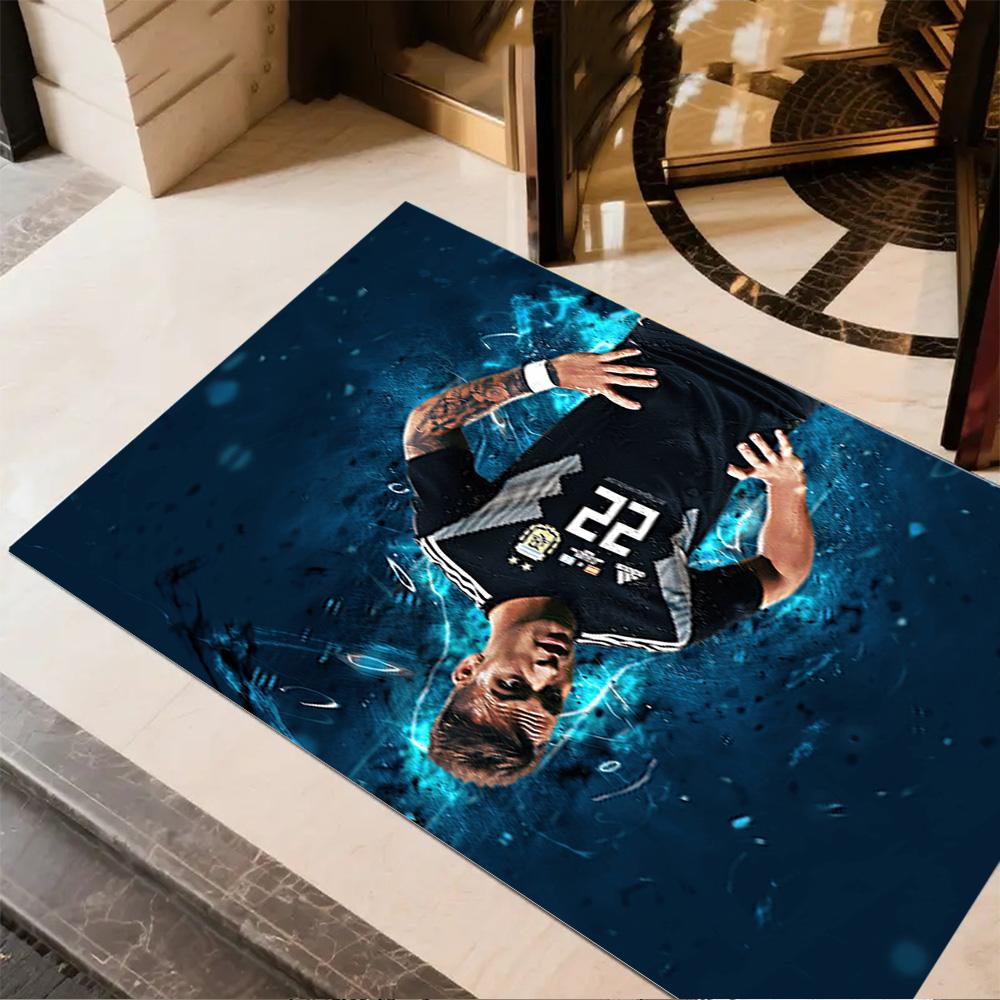 Argentina Football Player Pose Floor Mat Design for Foyer Study Room Hallway Playrooms Anti-slip Rug Anime Office Decor