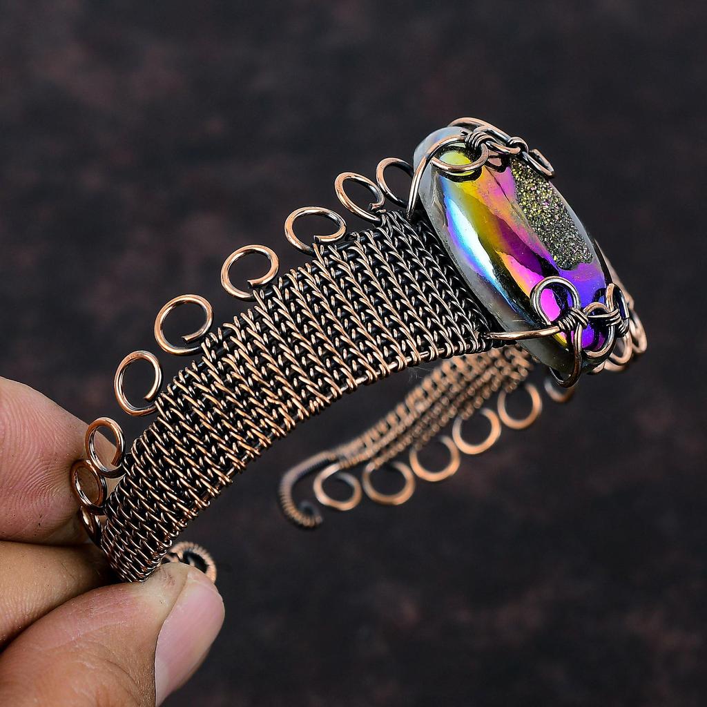 Titanium Druzy Cuff Bracelet Copper Wire Wrapped Adjustable Bangle Handmade Copper Jewelry Gemstone Cuff Wire Wrap Jewelry Engagement Gifts