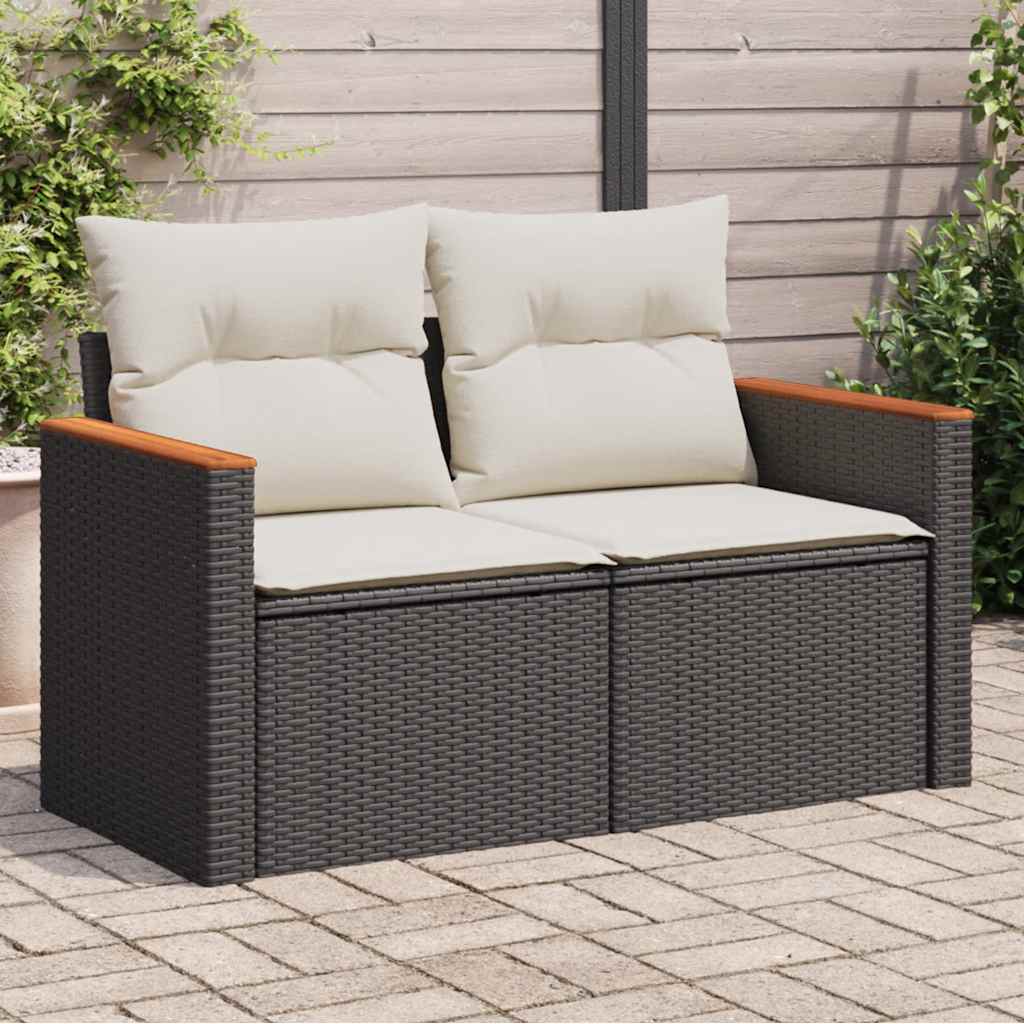 Garden Sofa with Cushions 2 Seater Black Poly Rattan