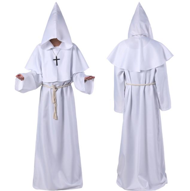 Medieval Monk Robe Monk Costume Halloween Cosplay Priest Wizard Hooded Multicolor Cape Cloak Waist Rope Cross Ornament Sets