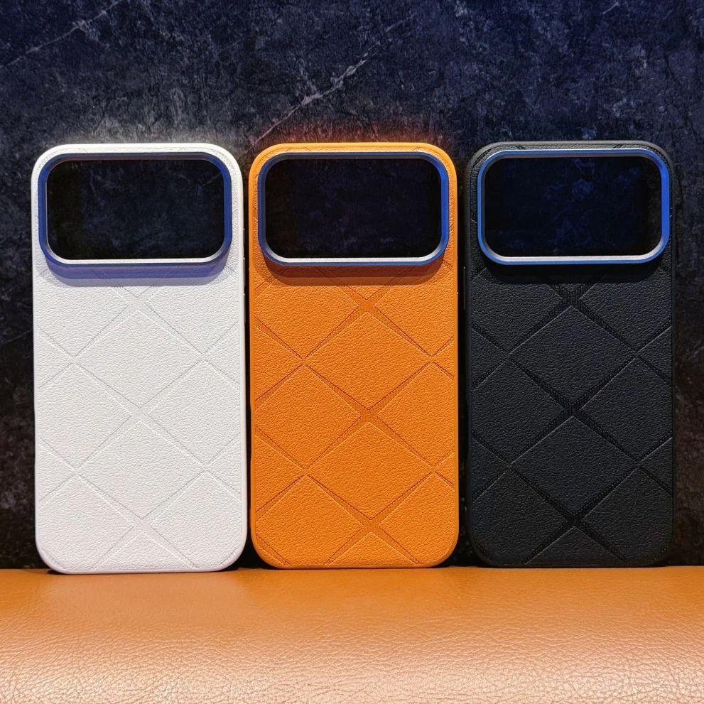 Business Orange PU Leather Rhombus Grid Pattern Phone Case For For Iphone 17 16 15 14 13 Pro Max Matte Shockproof Soft Bumper Cover