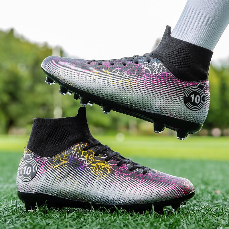 Unisex Football Boots Fashion Lightning Pattern High Top AG Spikes Lace Up High Elastic Socks Training Artificial Grass Kids Football Boots