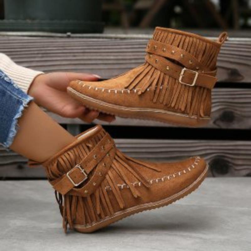 Short Boots Women's Double-layer Fringed Boots Women's Thangka Shoes Flat-soled Doudou Shoes Autumn New Side Zipper Velvet Women's Boots