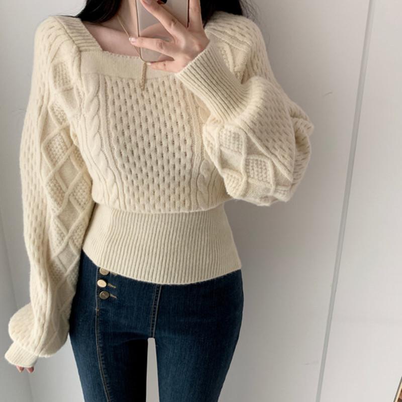 French Square Collar Twist Ladies Sweater, Loose and Thin Ladies Long-sleeved Pullover Bottoming Shirt Elegant6626#