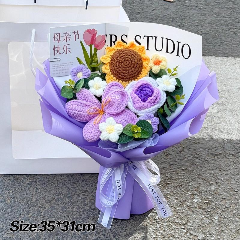 Crocheted Flower Bouquet Knitted Flowers Artificial Flowers Graduation Bouquet Party Supplies Mother'S Day Gift Wedding Gifts