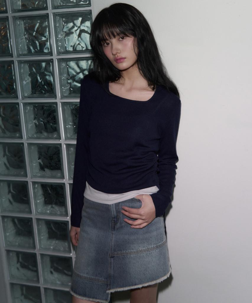 Ledeoli Square Neck Shirred Wool Knit Top [Melange]