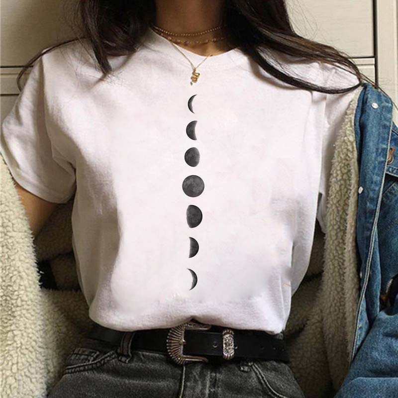 Cosmic Planet Pattern Printed T-shirt Women's Retro Short-sleeved Blouse Casual Fashion Suitable for Daily Clothing