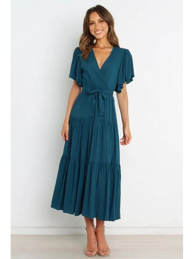 Bohemian V-neck Print Short Sleeve Waist-Cinching Long Dress Available