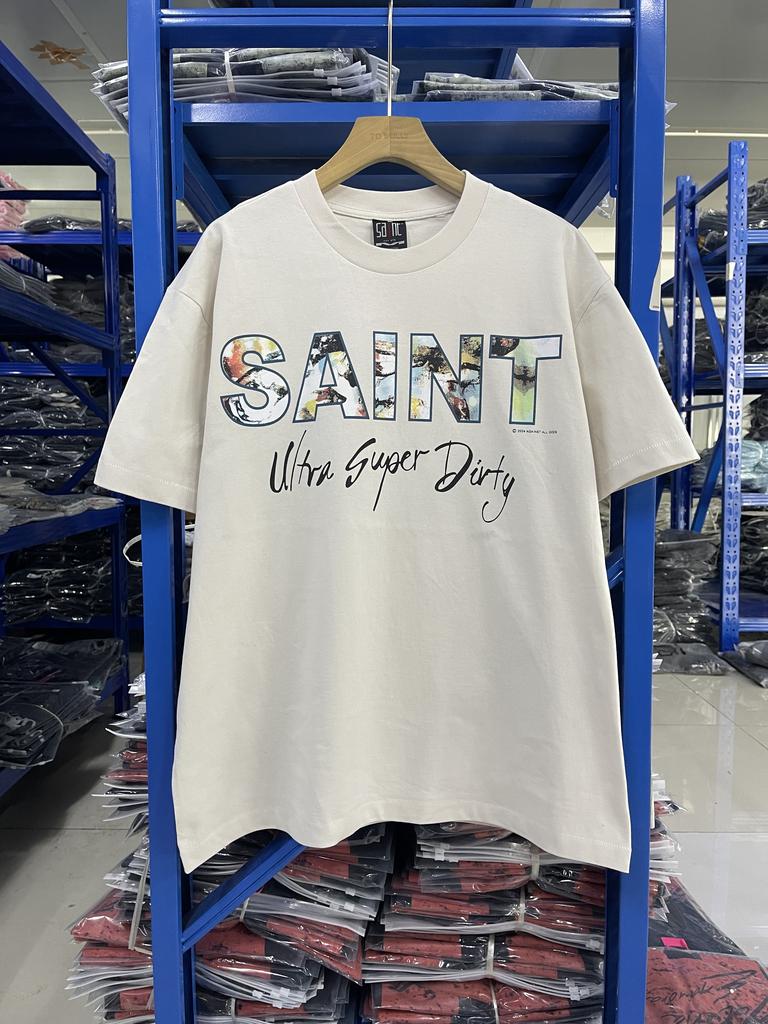 Summer 2025 Washed Mens Short Sleeves Tshirt Vintage Saint Letter Print Japanese Oversize Highquality Heavyweight Pure Cotton