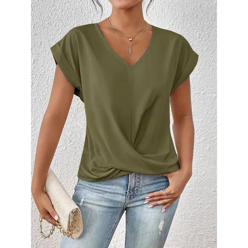 Women's New Spring and Summer Solid Colour V-neck T-shirt Elegant Short-sleeved Tops