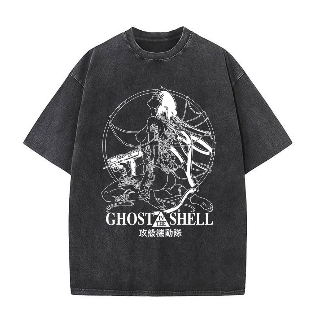 Anime Ghost in The Shell Motoko Kusanagi Tryck Vintage Tvättade T-shirts Herr Dam Mode Casual Kortärmad Överdimensionerade T-shirts