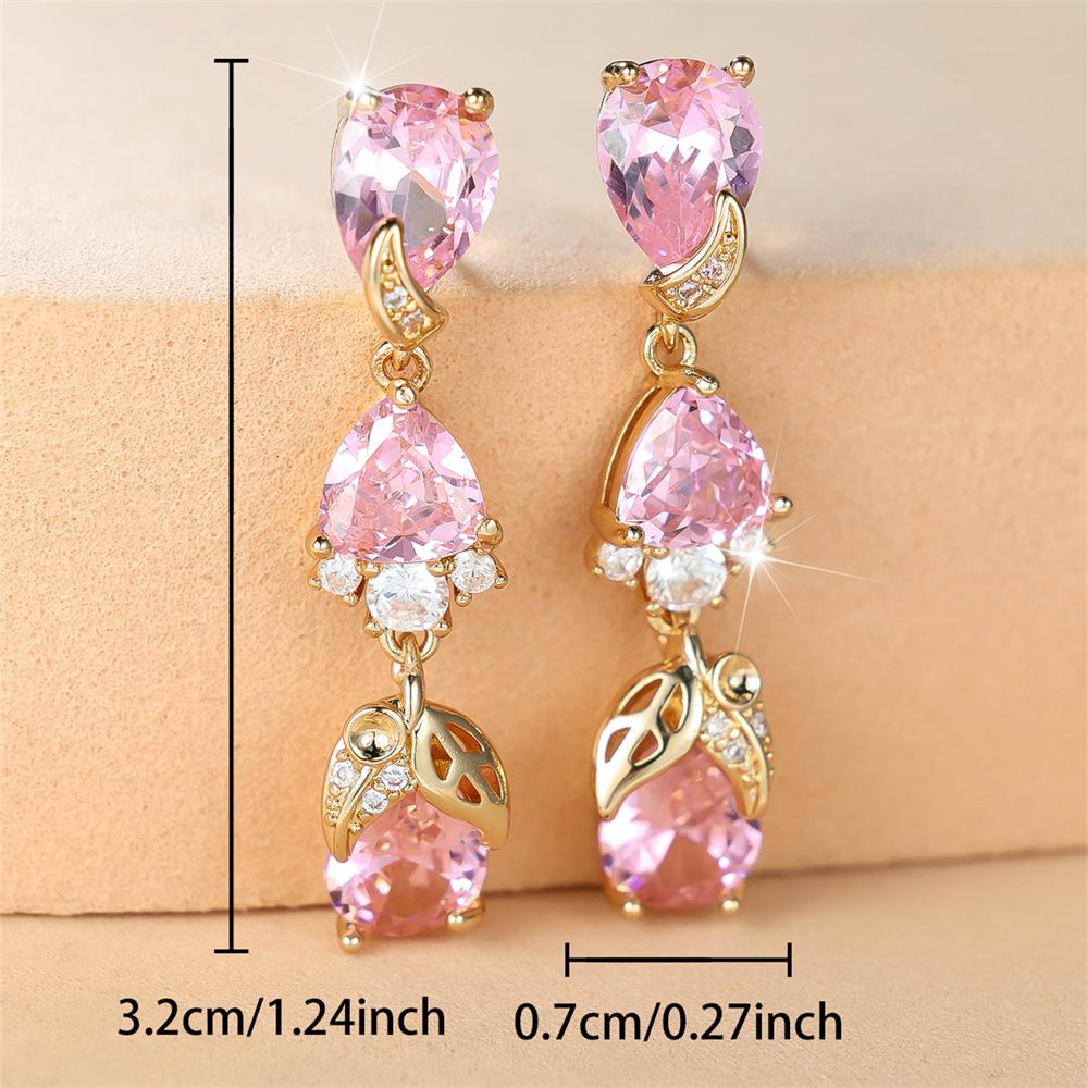 Pink Zircon Water Drop Stone Tassel Pendant Stud Earrings for Women Vintage Fashion Gold Color Wedding Jewelry Mother's Day Gift