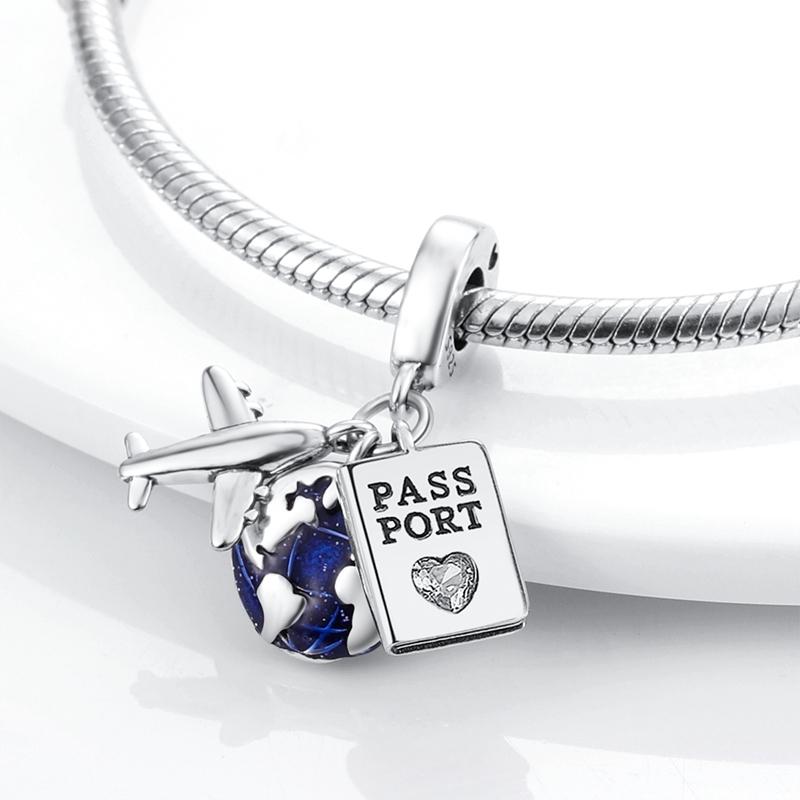 Charms 925 Silver Airplane Luggage Passport Charms Beads Fit Bracelet Pendant DIY Women Man DIY Jewelry Making