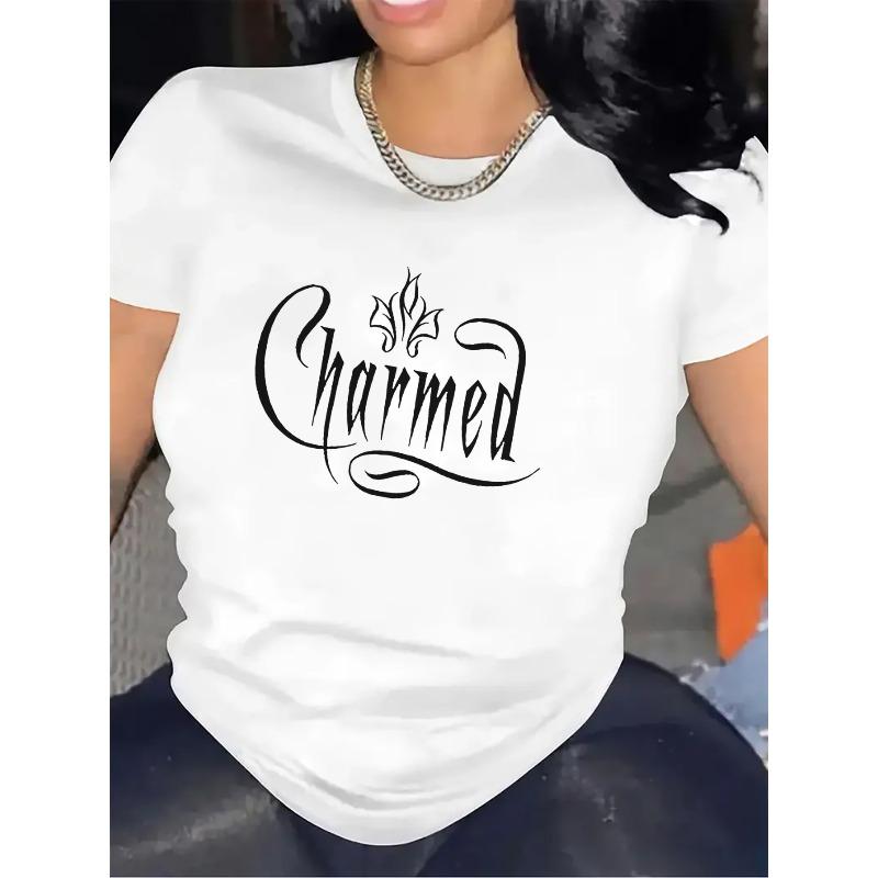 Dámské grafické tričko Charmed Černý květinový potisk Kulatý výstřih Krátký rukáv Ležérní Každodenní Středně pružný top