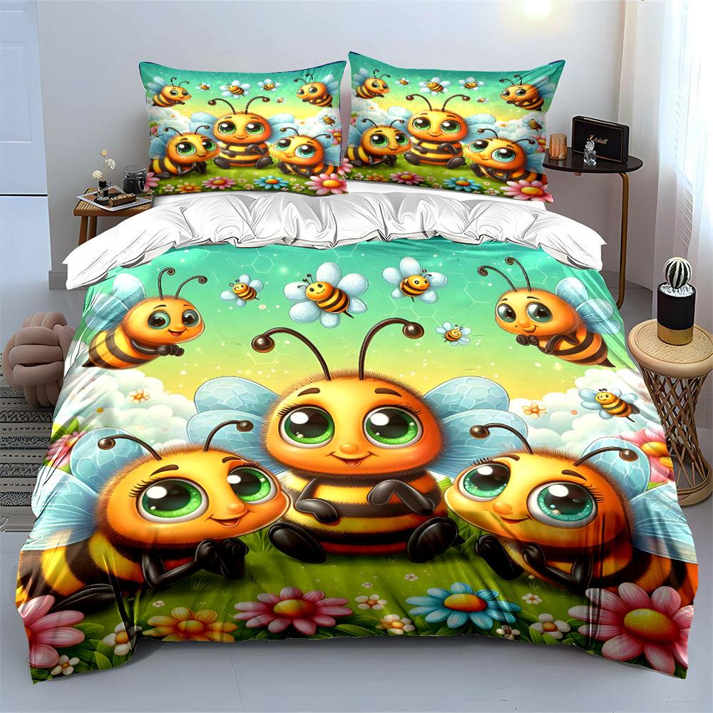 Cute Bee Family with Flowers Bedding Duvet Cover Set  (1*Duvet Cover 2*Pillowcases, Without Duvet Insert)
