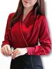 [LUXIA FILL] Women's Drape V-Neck Blouse, Red, 2XL (Large Size), Long Sleeves, Frilled Collar, Cute, Comfortable, Relaxed Fit, Satin Blouse, Loungewea