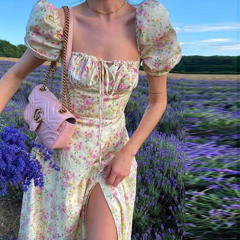 Women's Printed French Floral Open Back Slim Suspender Slit Dress