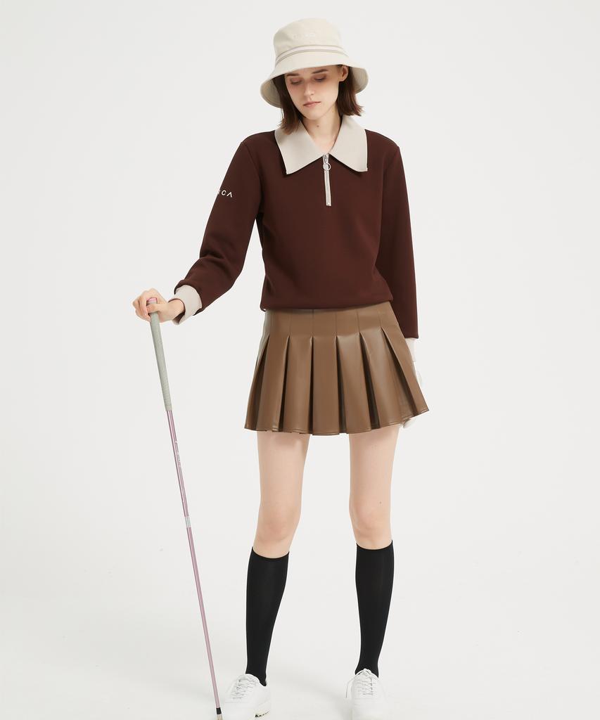 I Parka Castano Leather Pleated Skirt