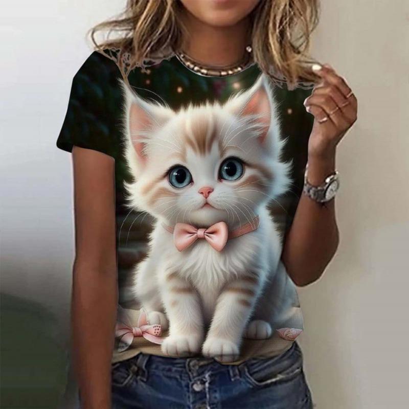Cute Cat Printed Women's T-Shirt Summer Round Neck Short Sleeved Top Casual Plus Size Clothing Kawaii Animal For Woman T-Shirts