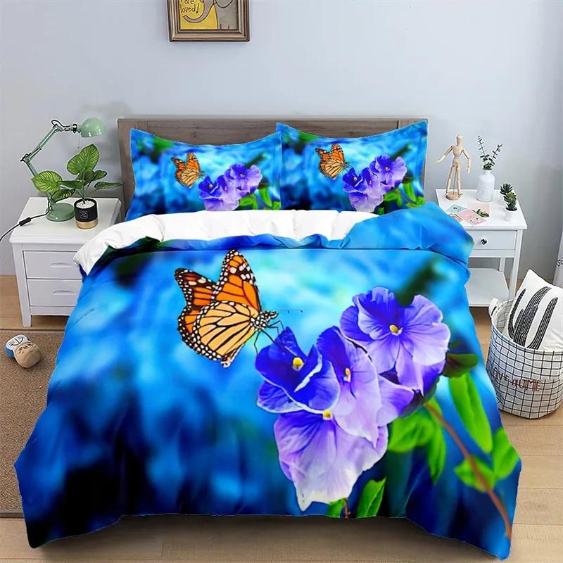 3D Colorful Butterfly Duvet Cover Natural Floral And Butterflies Pattern Bedding Set For Girl Women Microfiber With Pillowcases