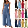 Women Sleeveless Spaghetti Strap Bohemian Wide Leg Jumpsuit Elegant Party Romper with V Neck and Relaxed Fit Design